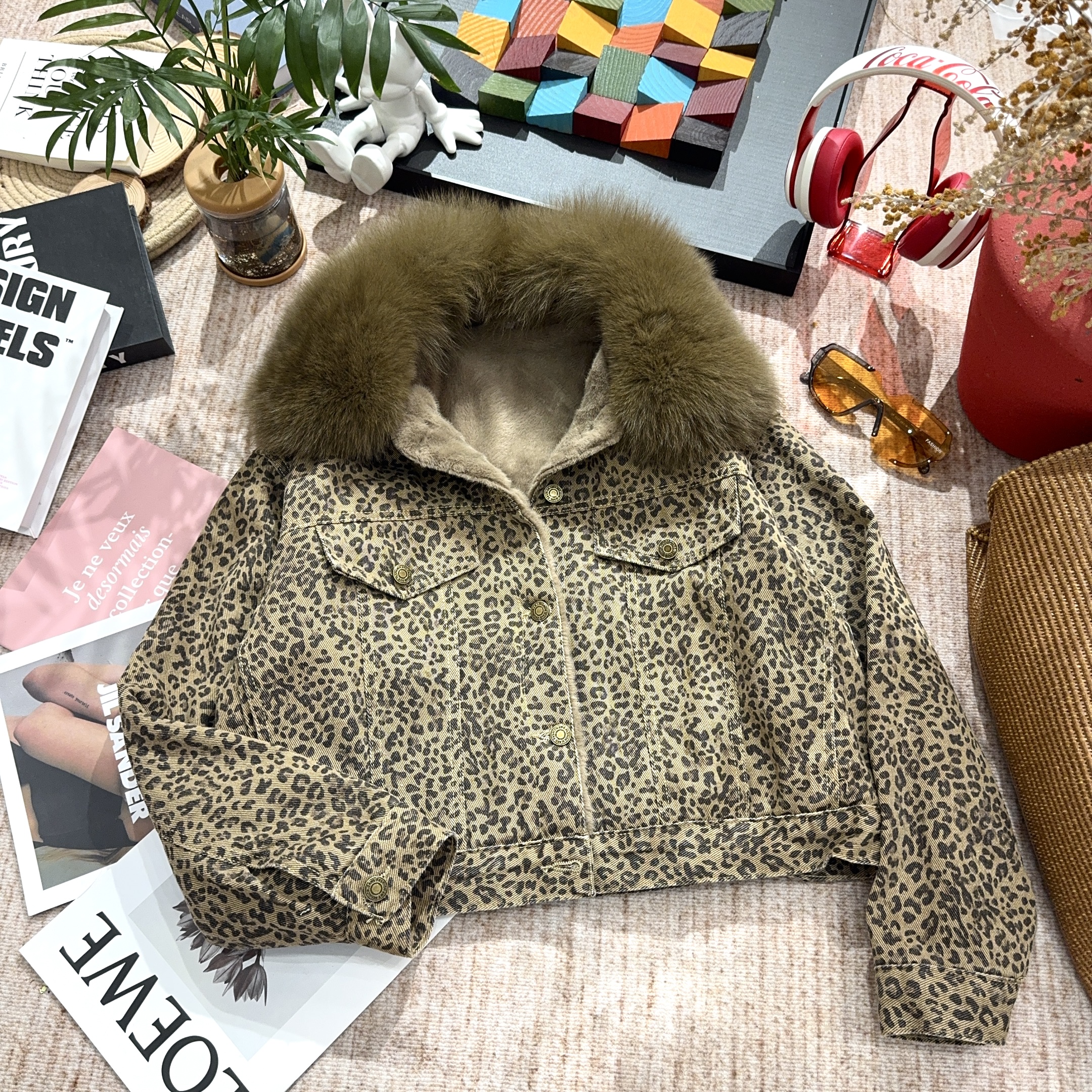 2025冬季新款潮牌做旧豹纹加绒加厚毛领长袖厚外套4957