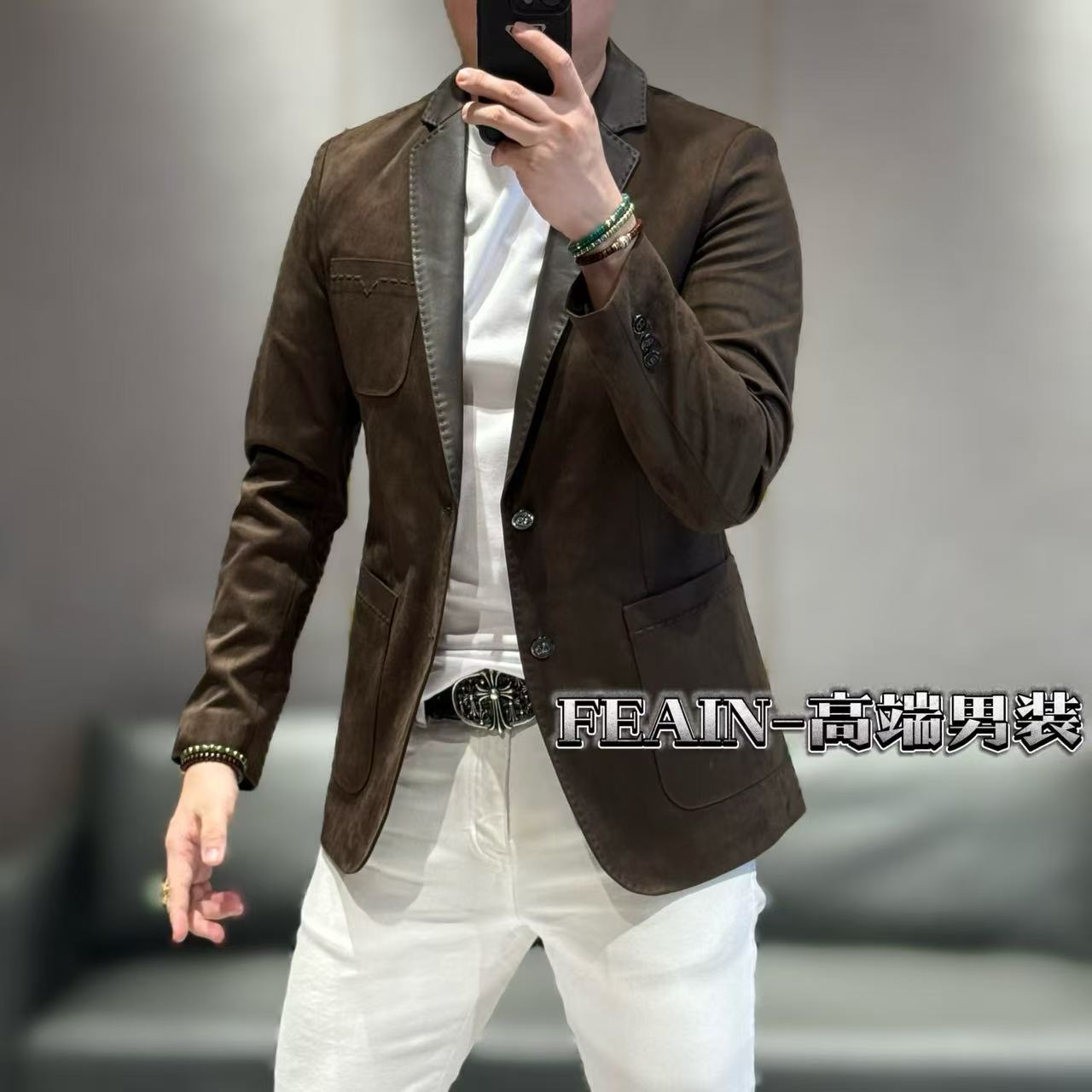 绵羊皮拼接手工纳线工艺高端男士翻毛绒立体裁剪春款小西装5815