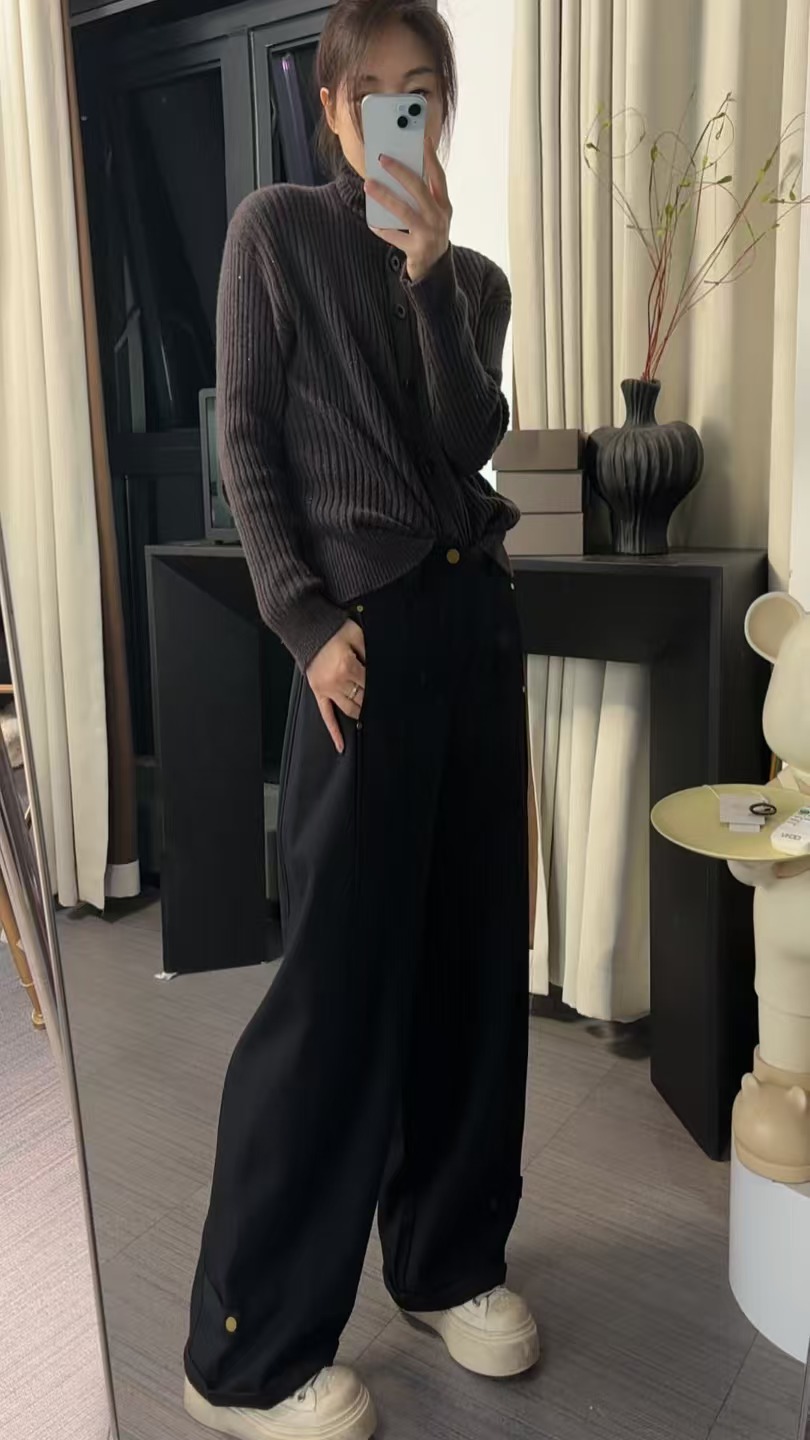 25162裤脚纽扣设计百搭拖地休闲风直筒裤长裤