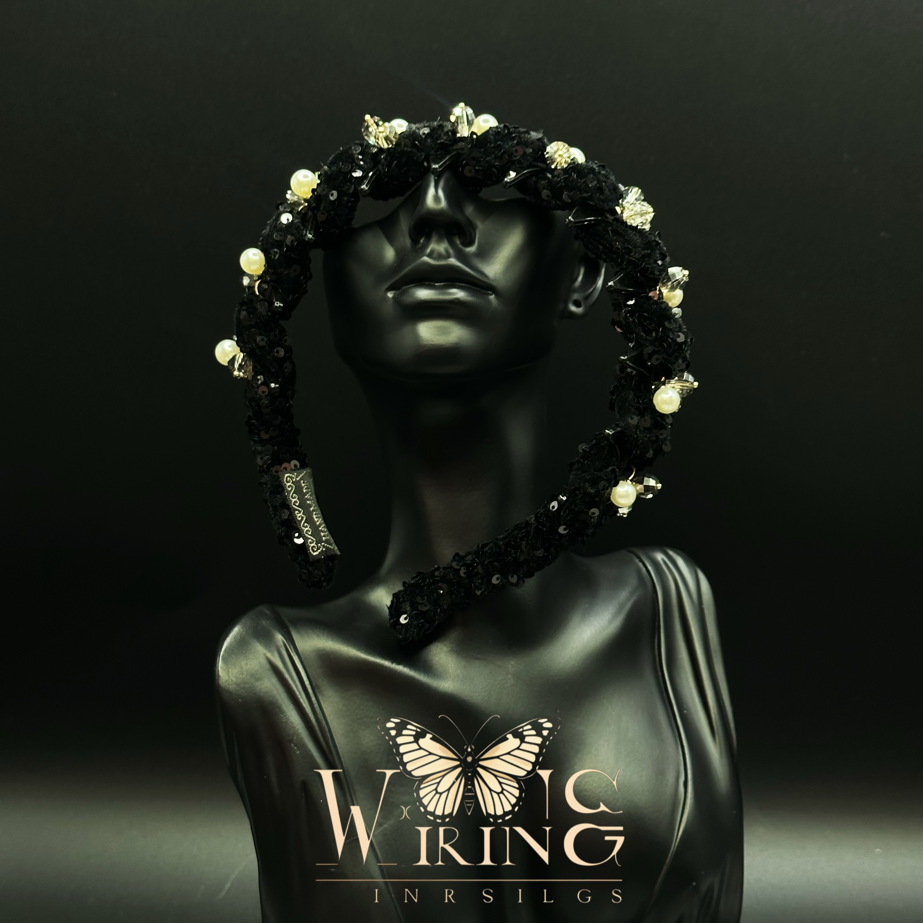 王大嘴原创 “黑片白珠”奢华手工编织黑色亮片高炉顶发箍M254