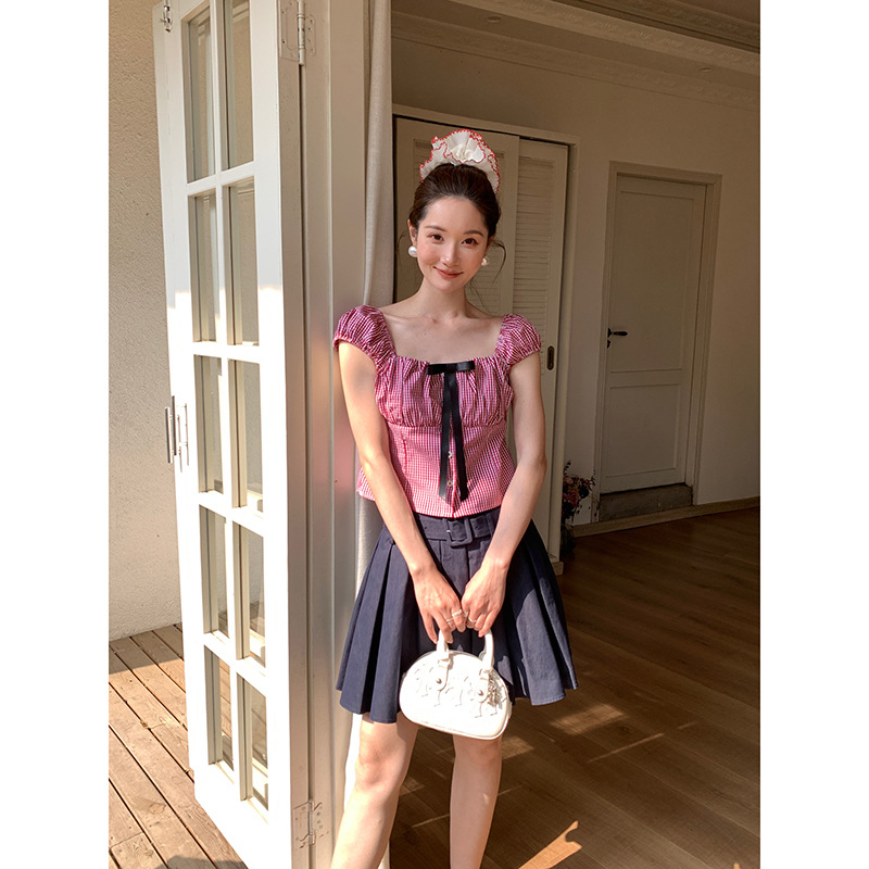 法式格子甜美性感露背修身上衣女S5003