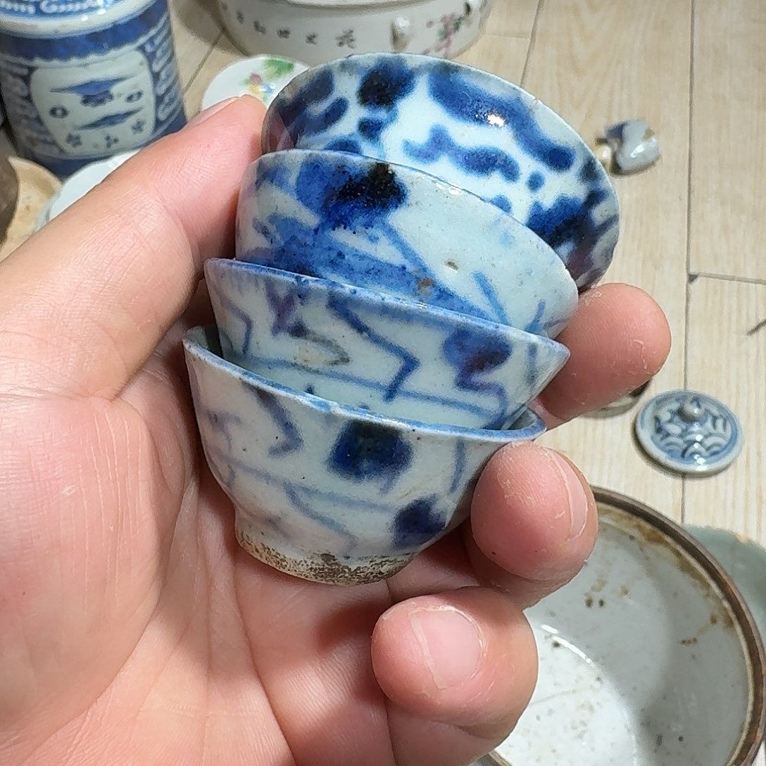 瓷片青花小杯，4个顺丰包邮