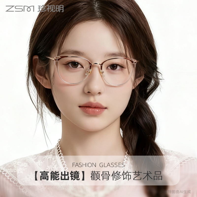 珍视明猫眼防蓝光眼镜女款近视可配度数素颜高级感钛架大脸显瘦