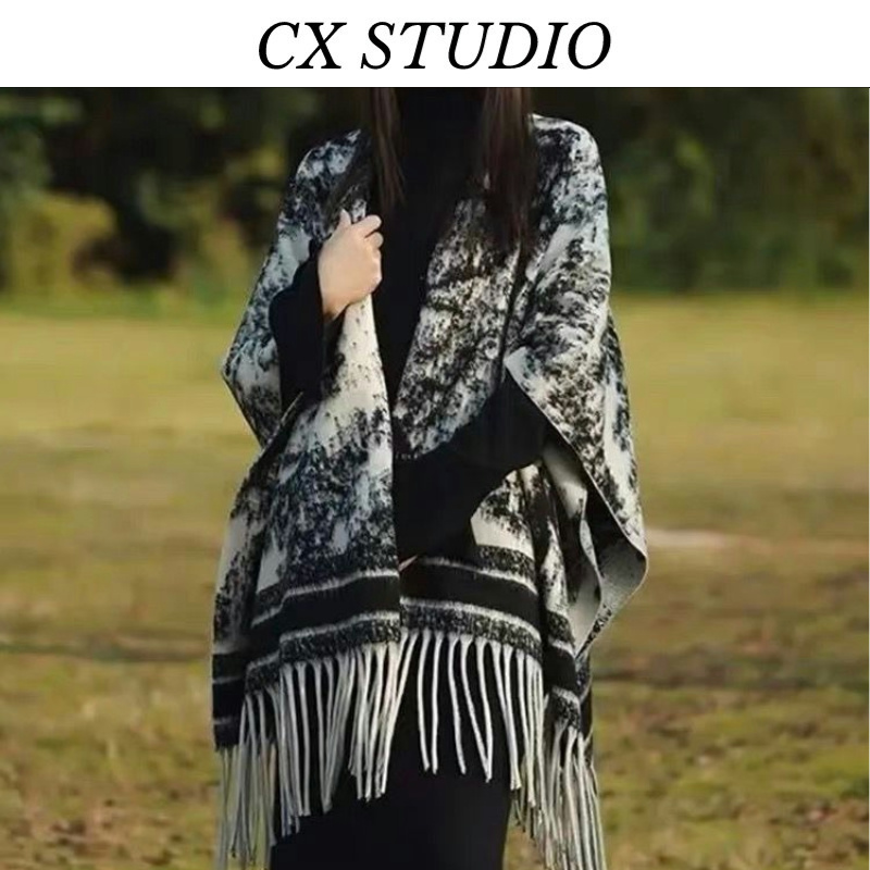 穿搭民族风流苏披肩外穿格子保暖斗篷TY19（不送胸针）