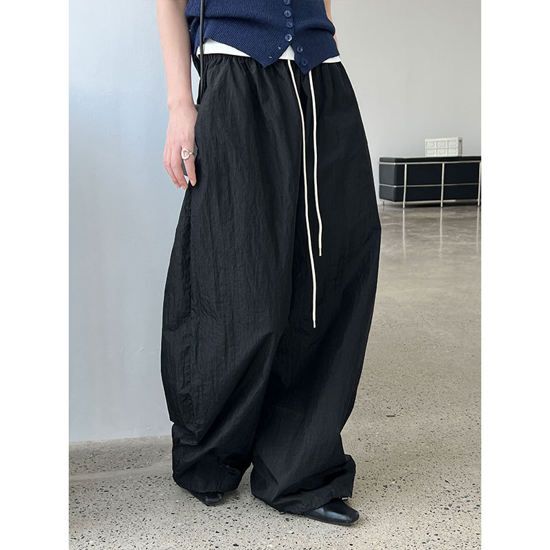 美式街风光泽感褶皱休闲裤女夏季新款高腰镰刀工装裤1893