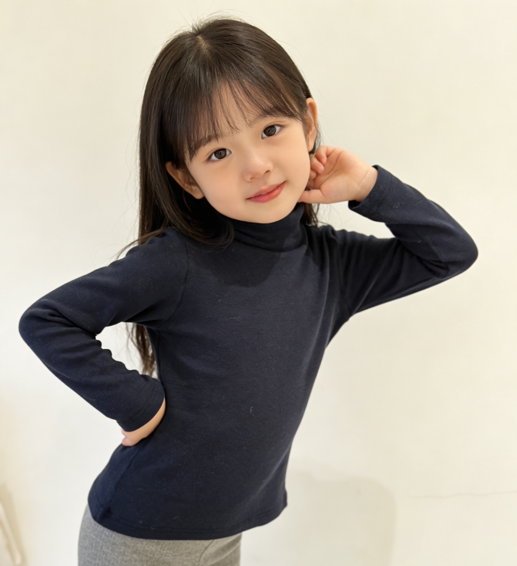 8760藏青打底衫上衣中领薄款女童男童