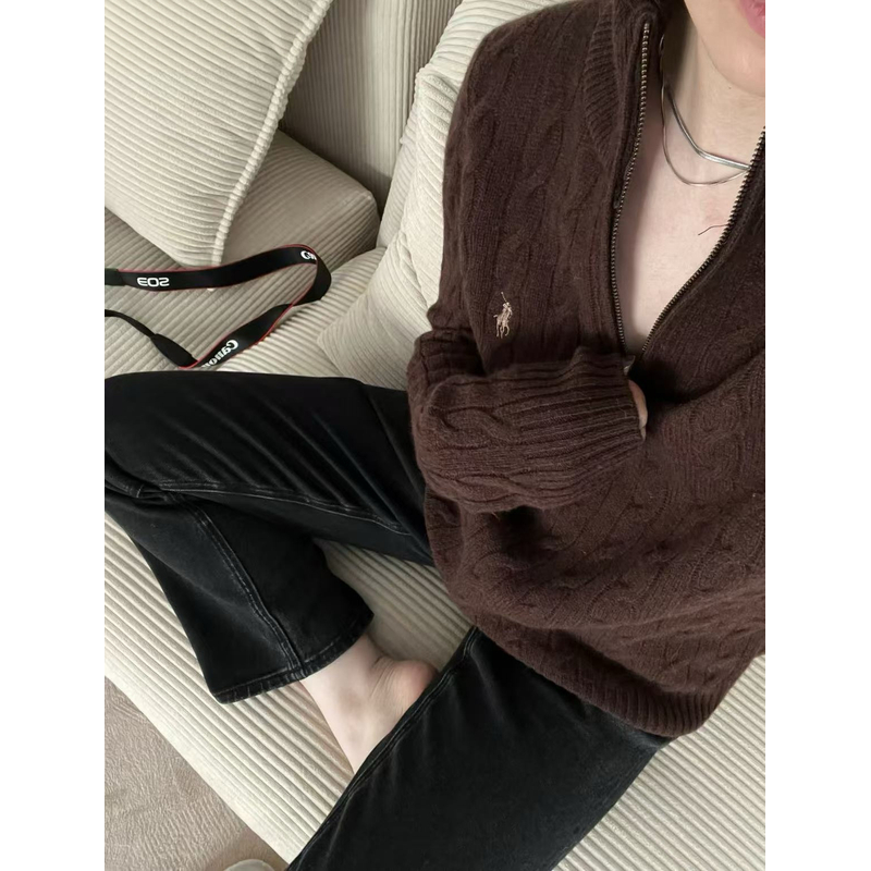 【羊毛】半拉链羊毛毛衣女小马刺绣半高领长袖宽松针织衫套头毛衣