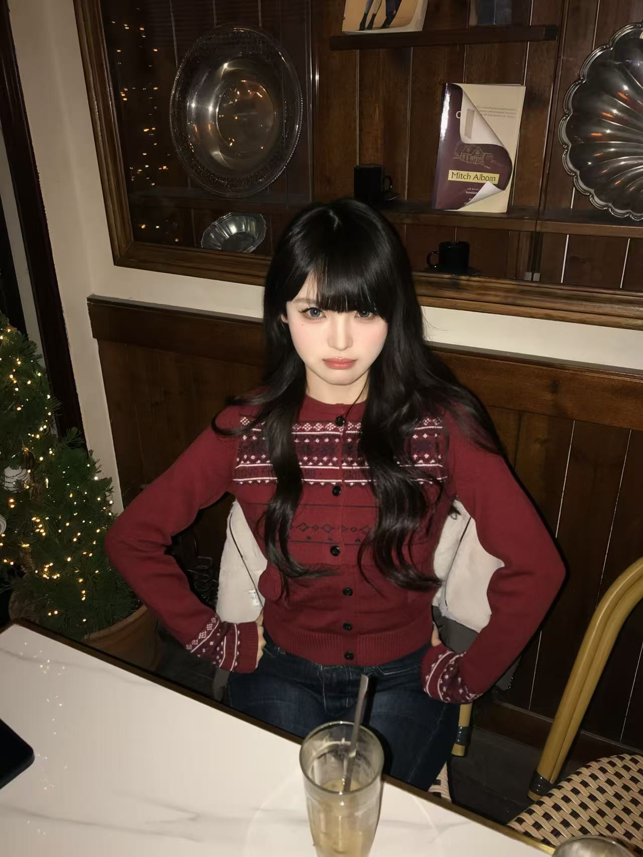 S7 BRAND 圣诞跨年红色费尔岛雪花短款针织开衫＋修身吊带两件套