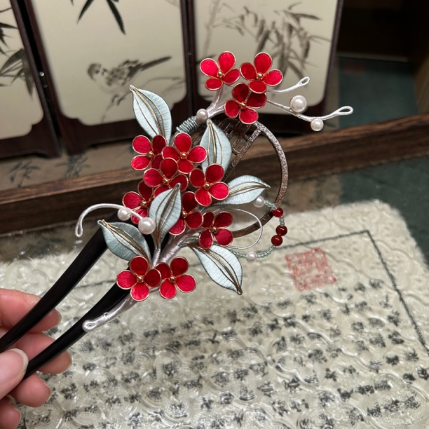 【橘月十三】掐丝绒花复古梅花檀木发簪