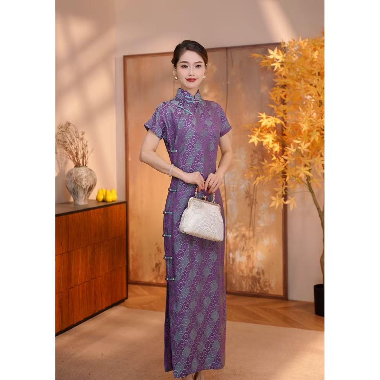 【紫云】全开襟衣长128夏季新款古法短袖长款高档旗袍