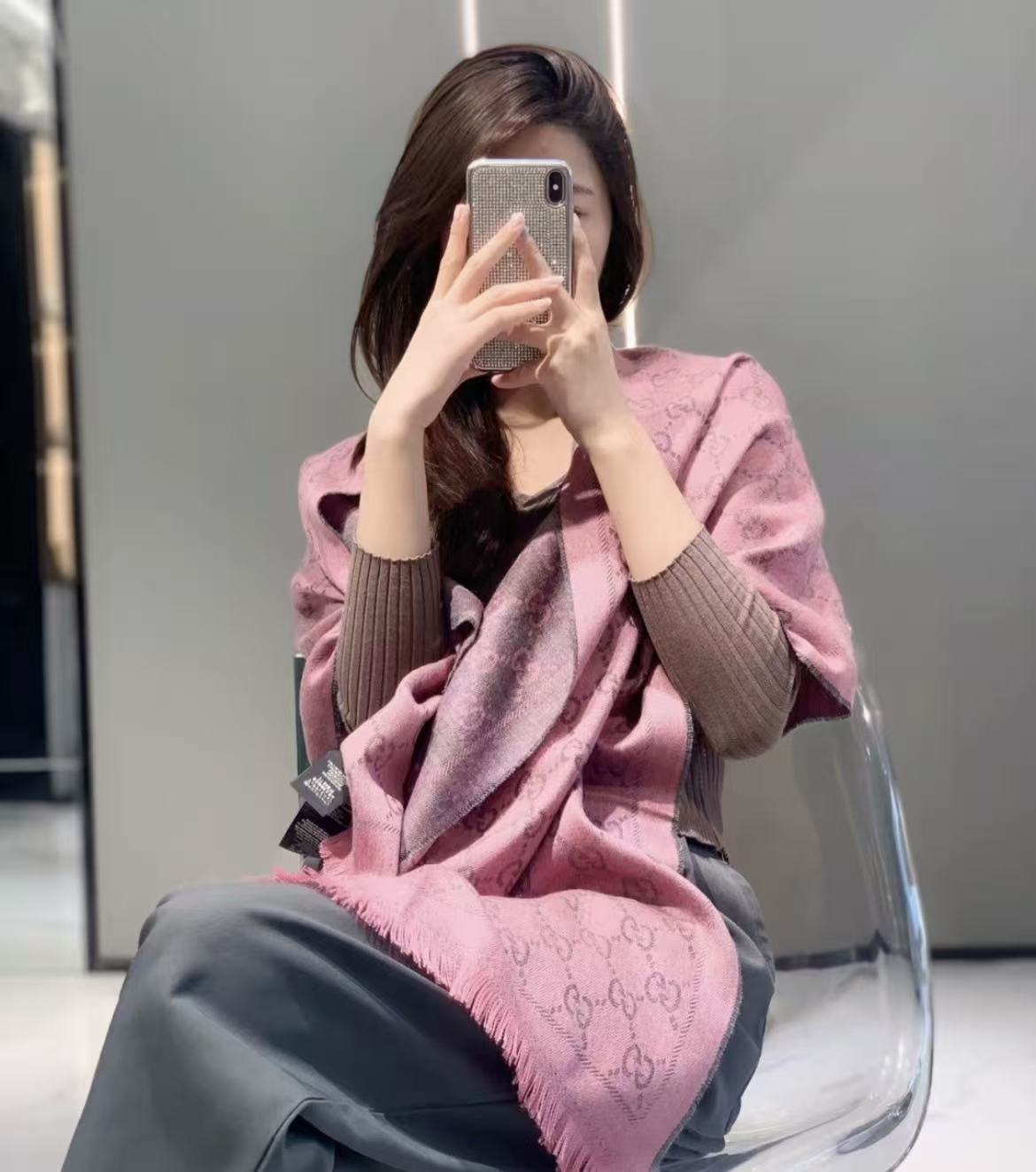未使用 GUCCI/古驰 蔚蓝/羊毛围巾/180*48cm/LZ1017GC091