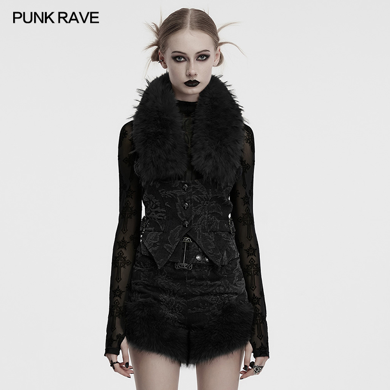 PUNK RAVE哥特风复古提花短款修身毛领牛仔提花马甲OY-1778MJF