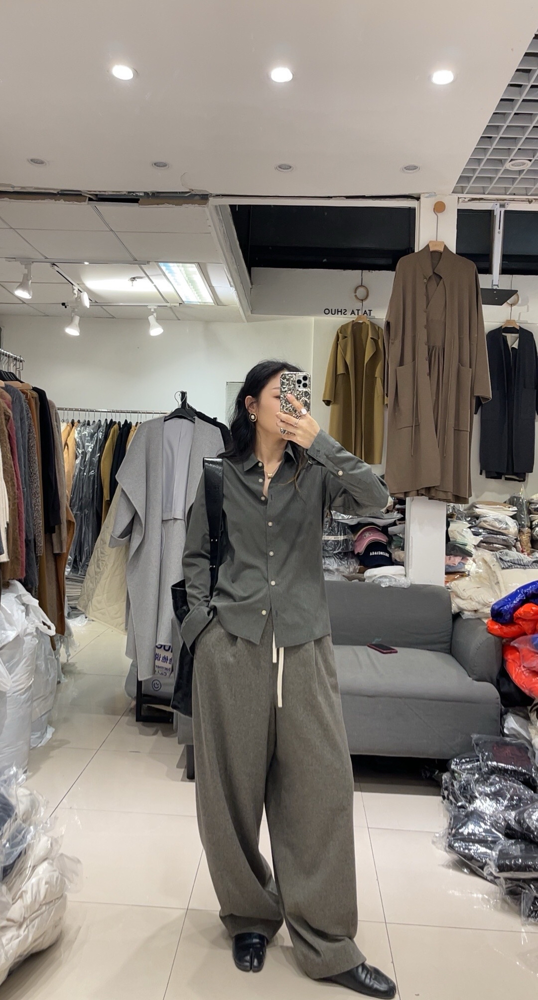 日本设计师春款衬衫长袖时尚休闲百搭简约韩版纯色显瘦网红灰色