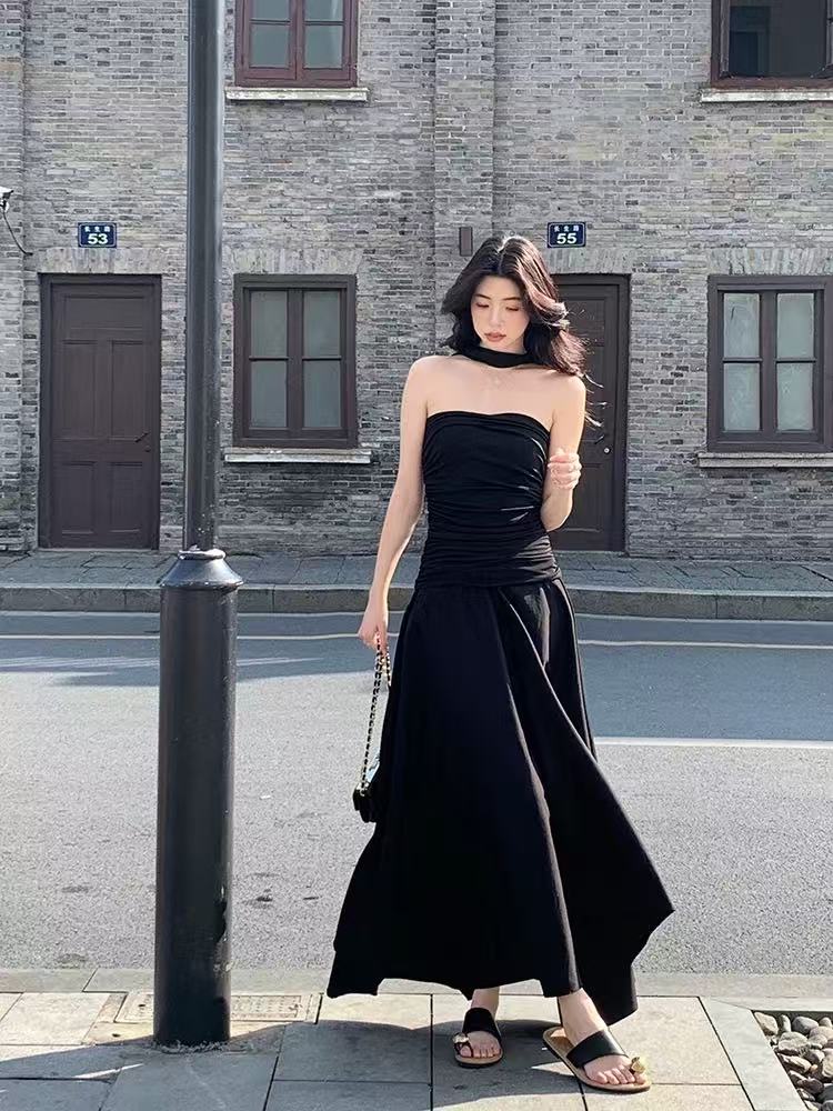 MEIDOU-【富家千金】森系长裙纯欲风公主简约礼服无袖抹胸裙连衣裙
