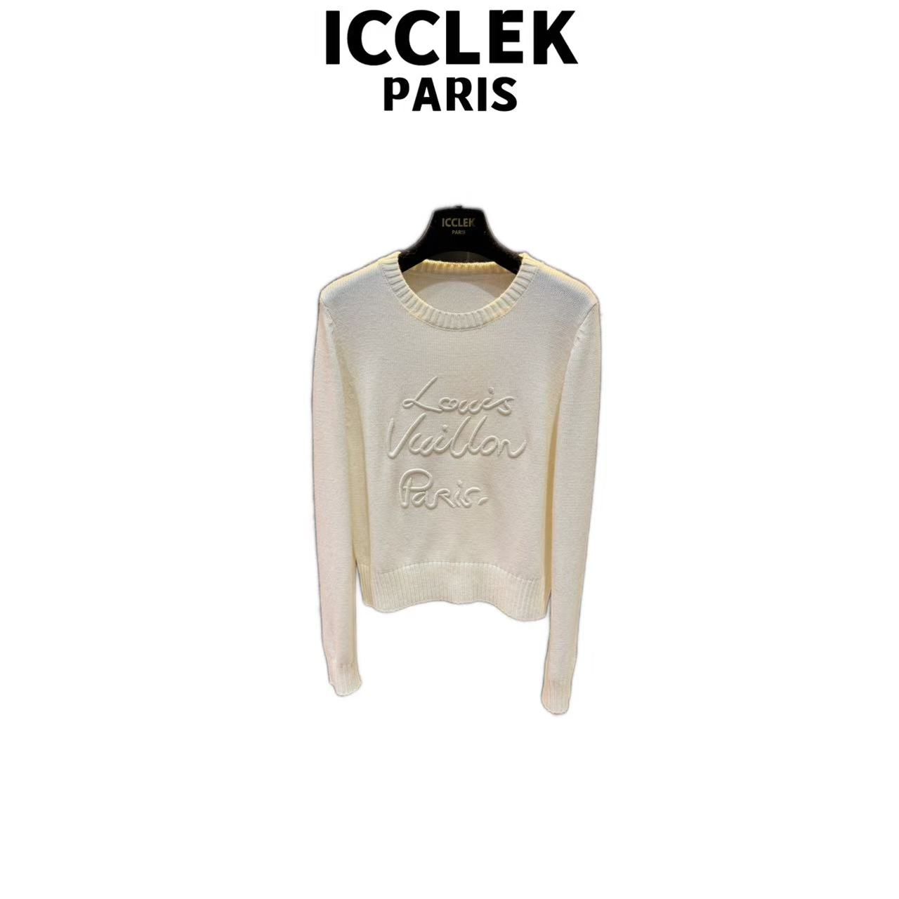 ICCLEK 轻奢时尚高级白色圆领针织衫长袖名媛上衣 - 9220
