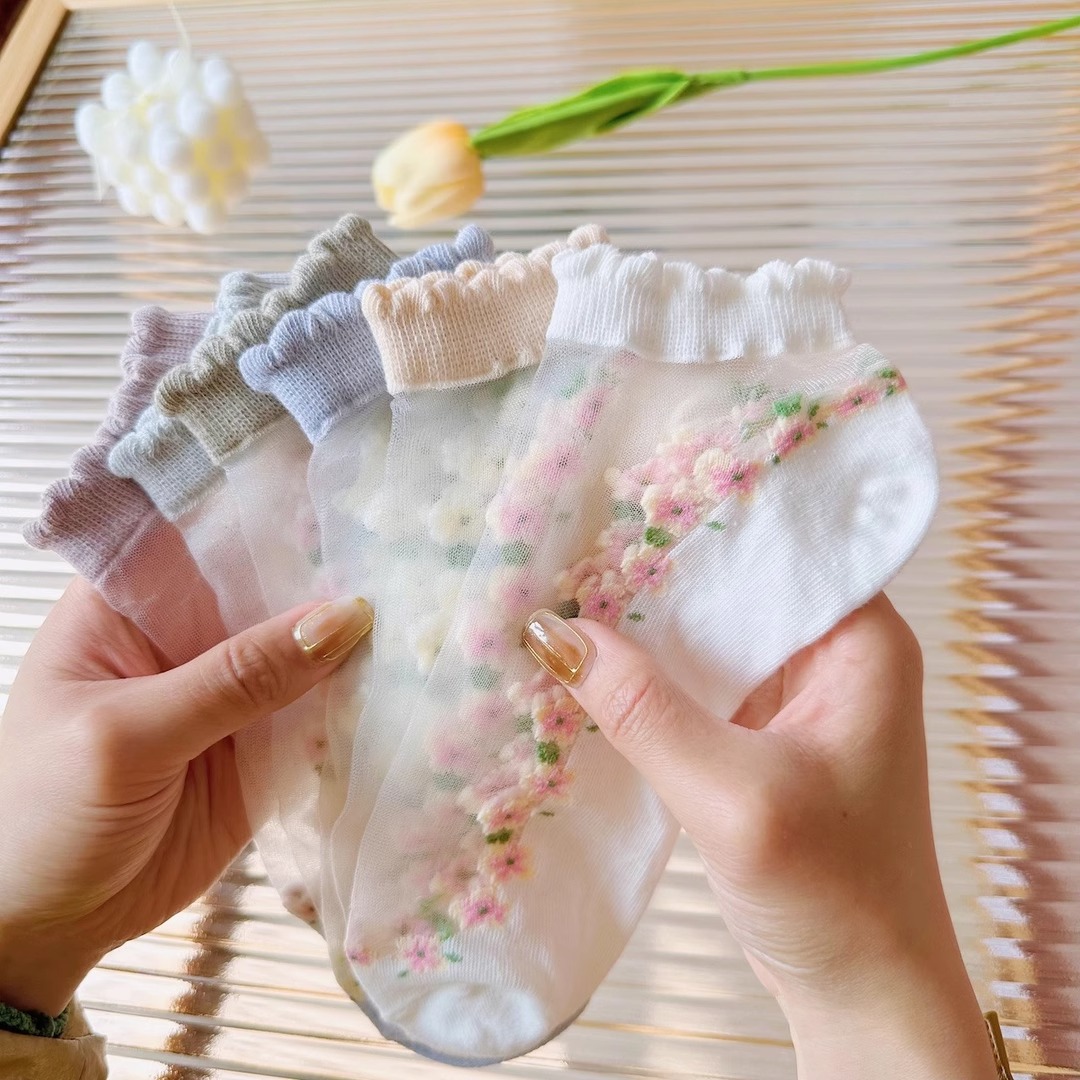 薄款卡丝袜夏季花边水晶船袜透气吸汗短袜春夏薄款袜子女袜子船袜
