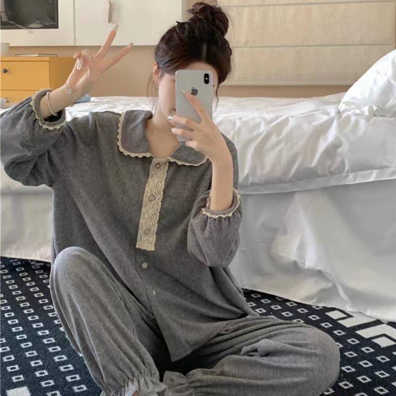 睡衣女加绒春秋冬保暖德绒翻领花边甜美娃娃衫外穿韩版家居服套装