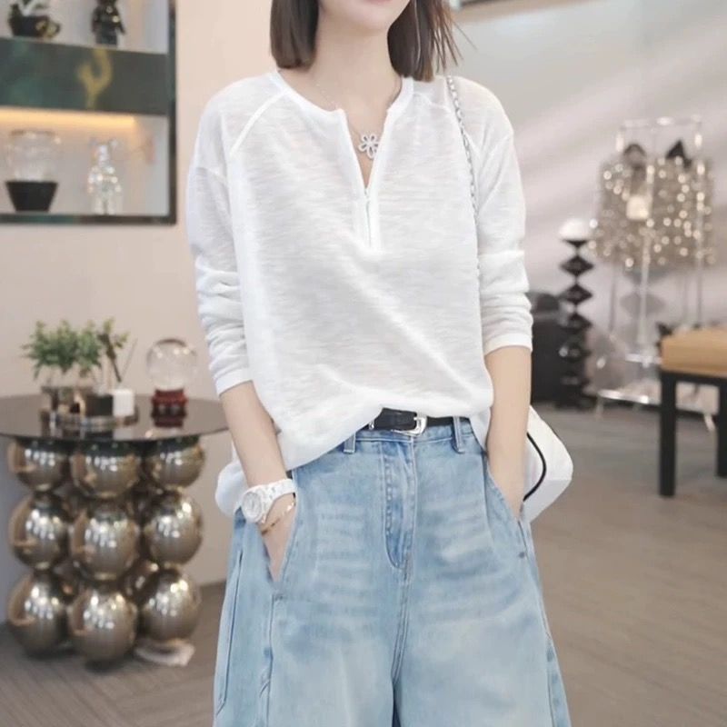 大码胖MM半拉链薄款罩衫长袖t恤女夏季时尚宽松休闲百搭上衣