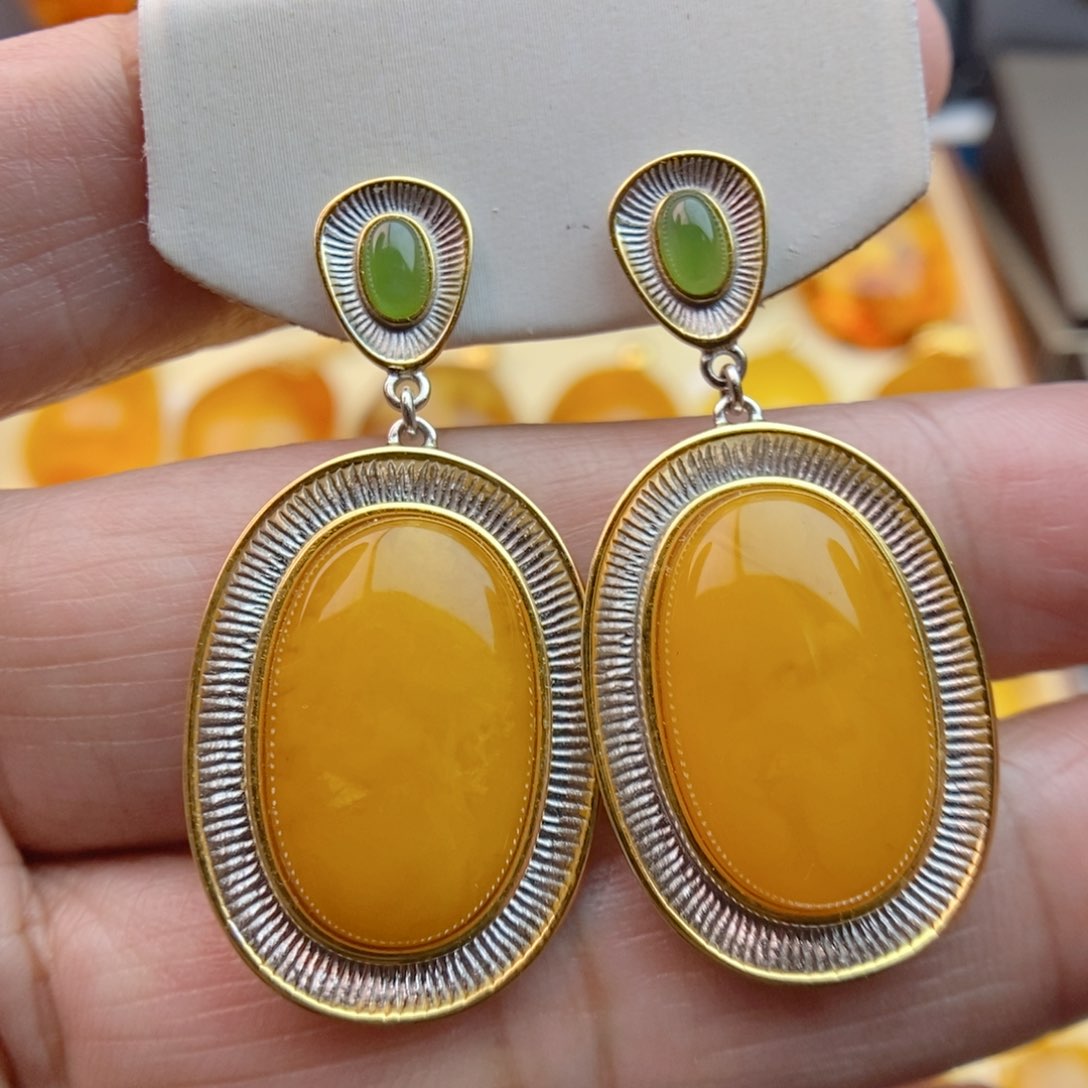 琥珀耳饰银S925镀金镶嵌