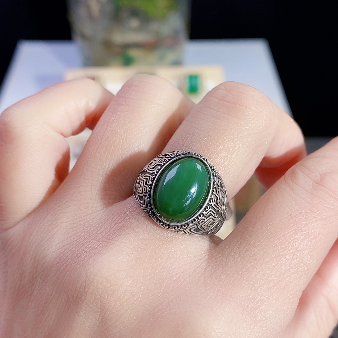 和田玉（碧玉）戒指银S925镶嵌