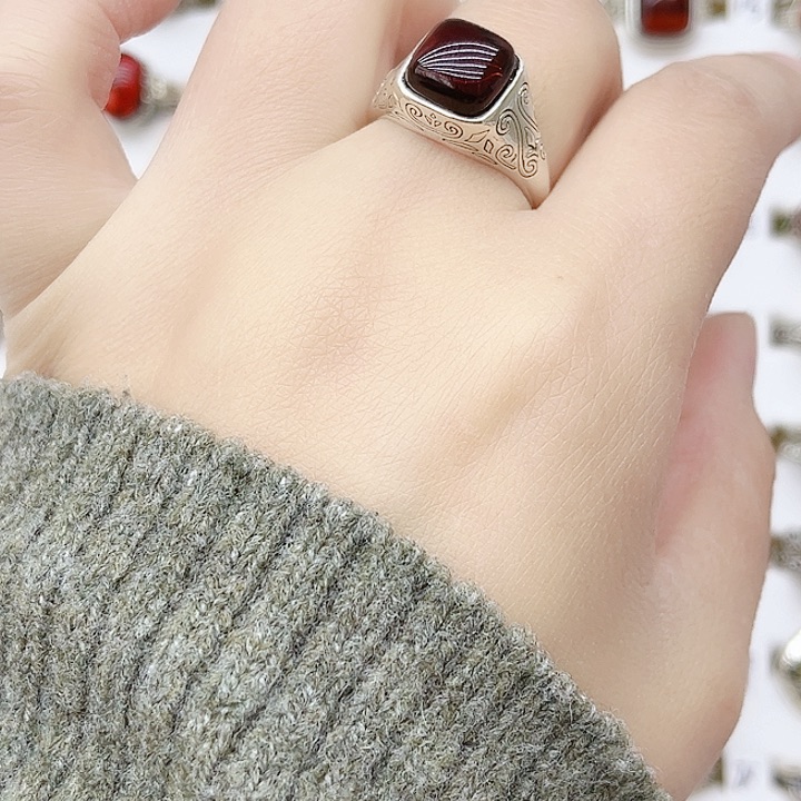 血珀戒指银S925镶嵌天然