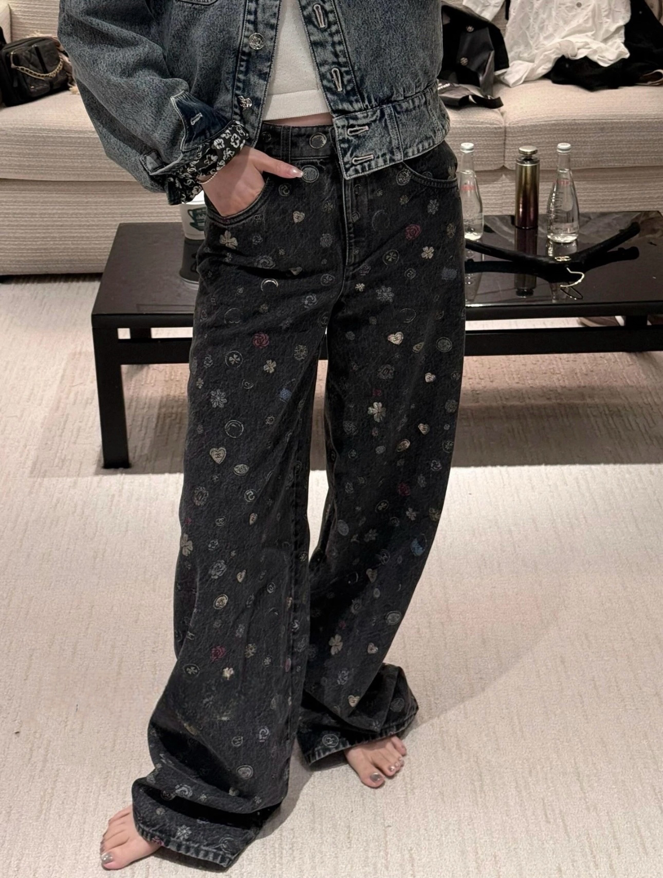 「长芯」高定25时髦涂鸦水洗灰高腰阔腿牛仔裤YZ25W09013