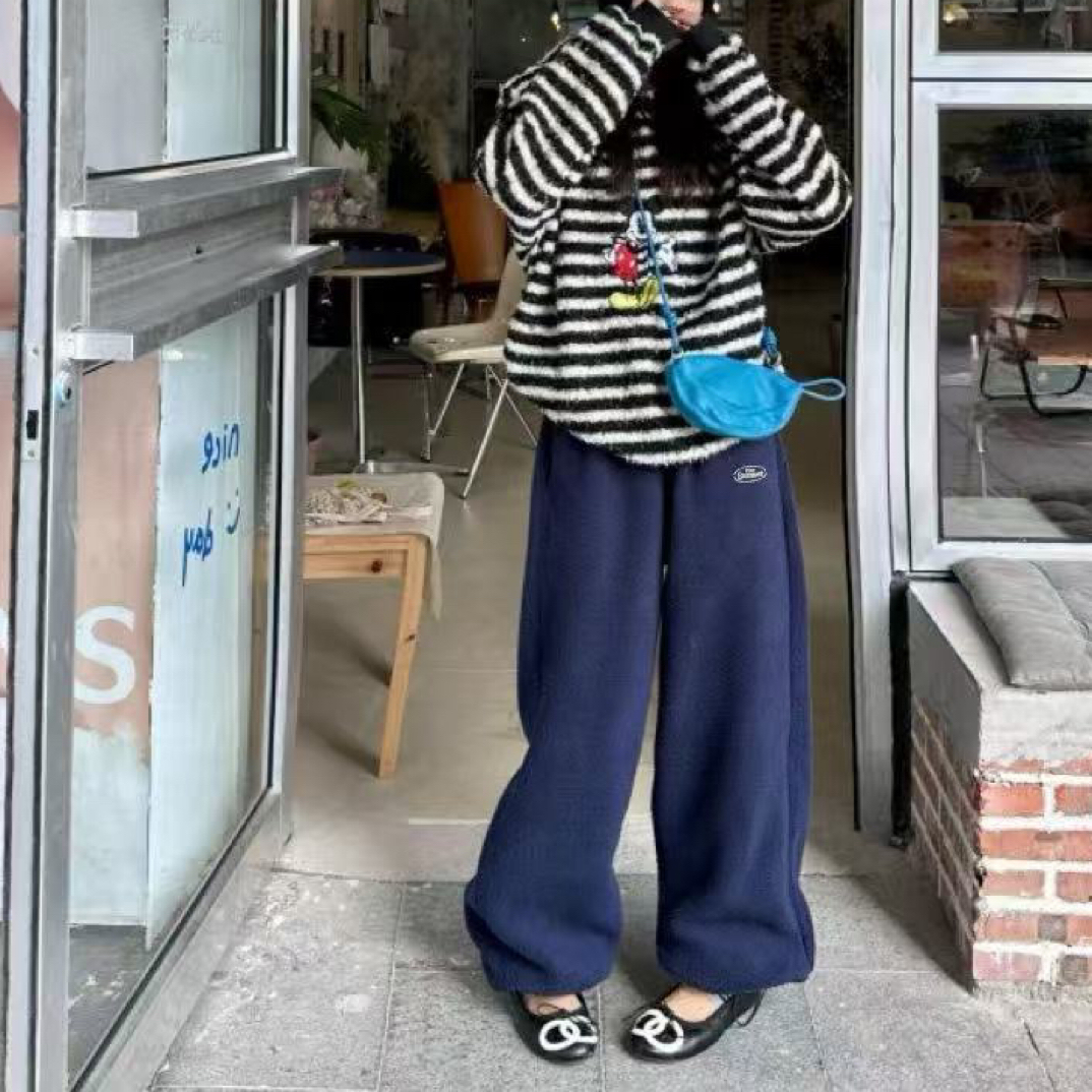 韩国单八奈松紧腰特厚澳毛绒直筒休闲裤
