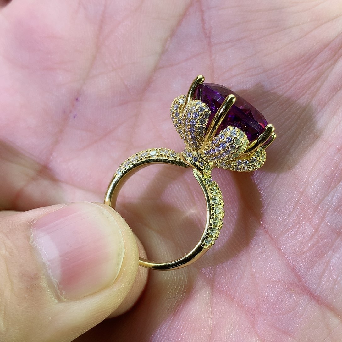 紫晶戒指银S925镀金镶嵌