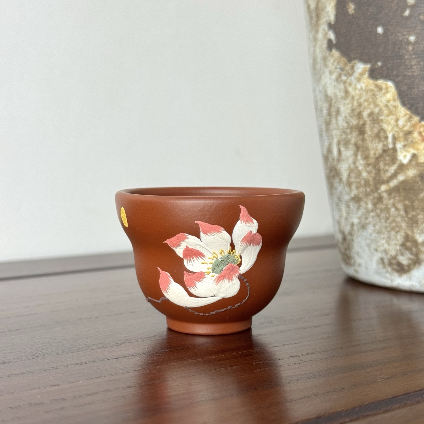 宜兴坭香紫砂主人杯全手工堆绘荷花原矿大红袍茶杯葫芦杯60ml