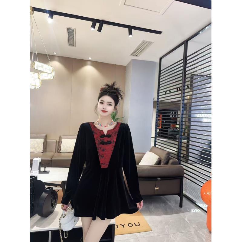 大码国风盘扣气质长袖丝绒衬衫女春秋新款收腰遮肚子显瘦百搭上衣