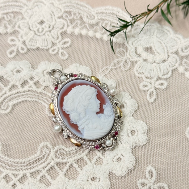 【六六中古】孤品复古卡梅奥玛瑙淡水珍珠s925胸针吊坠两用ad5655