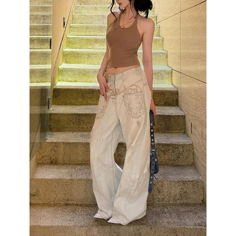 美式复古浅色刺绣弯刀牛仔裤女秋冬低腰宽松直筒阔腿拖地镰刀裤子