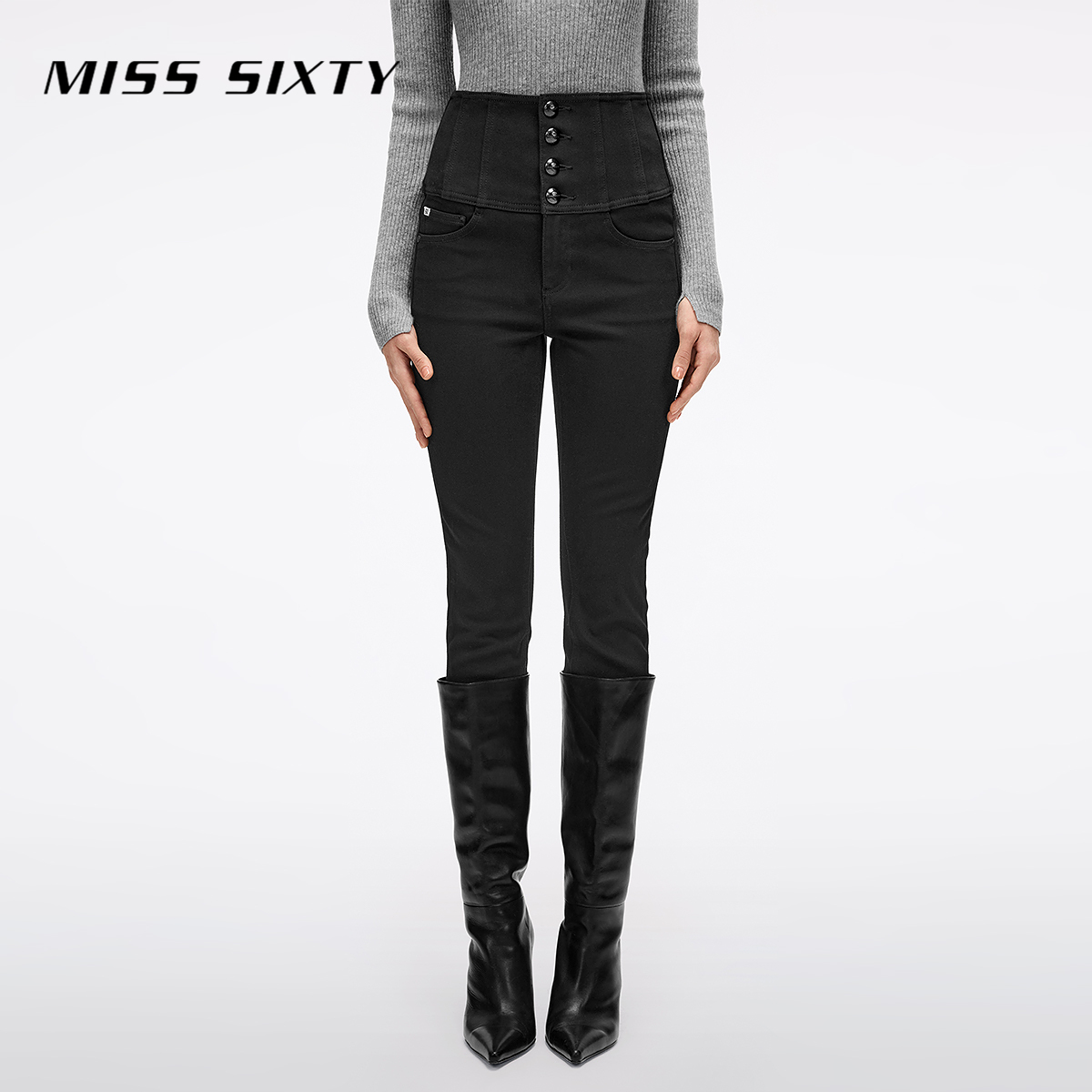 Miss Sixty冬季新款牛仔裤女四扣超高腰修身显瘦黑色铅笔裤