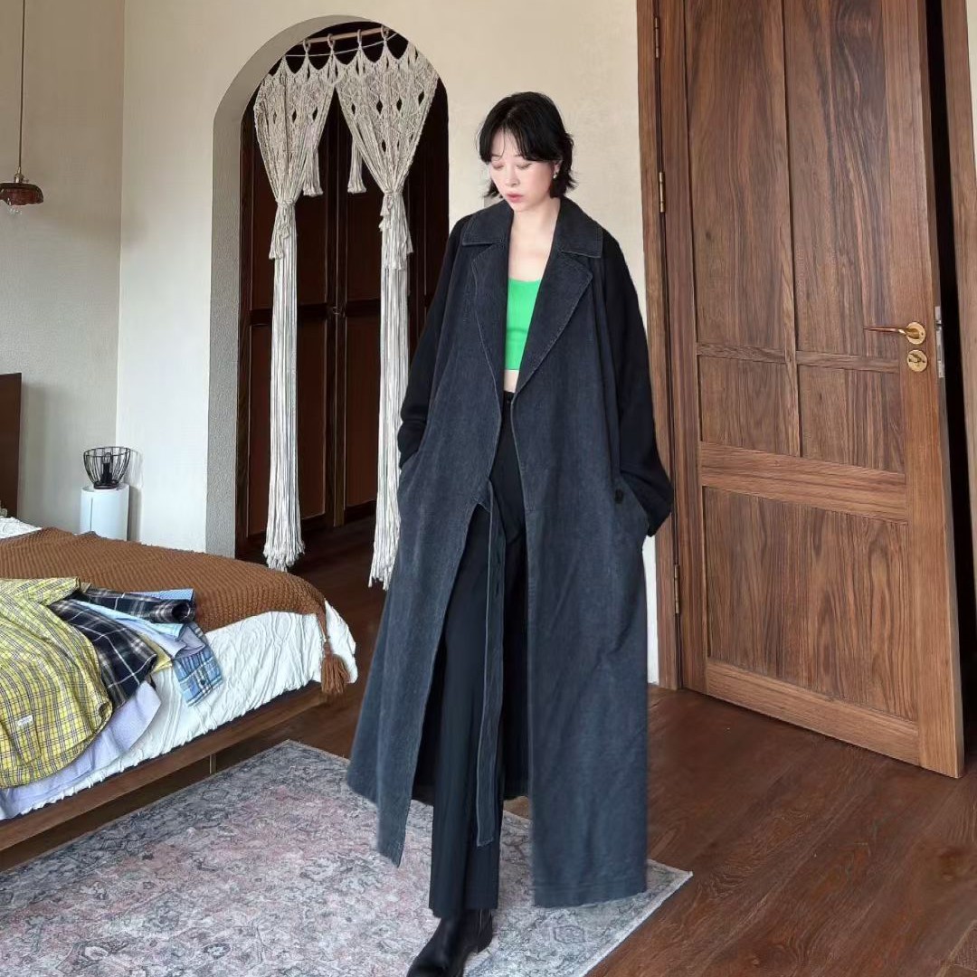 Ys/牛仔拼色灰长款风衣