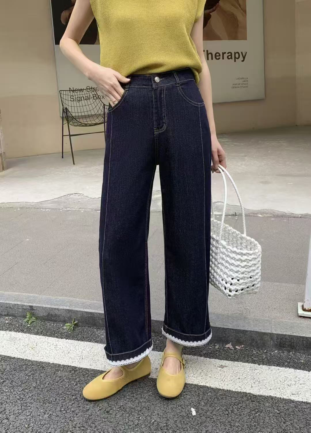 8837 夏季新款蓝色显瘦高腰蕾丝边牛仔裤