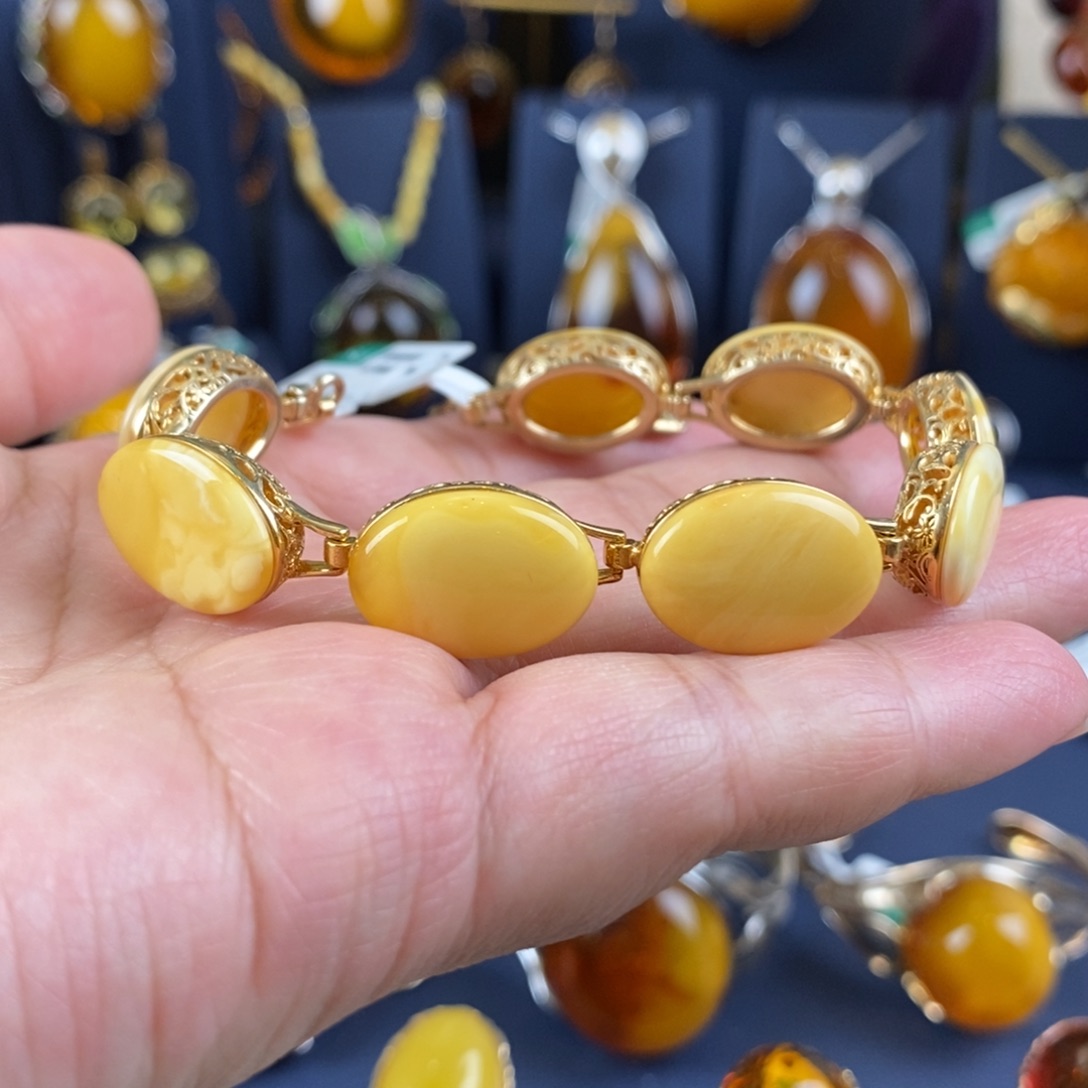 蜜蜡手链银S925镀金镶嵌