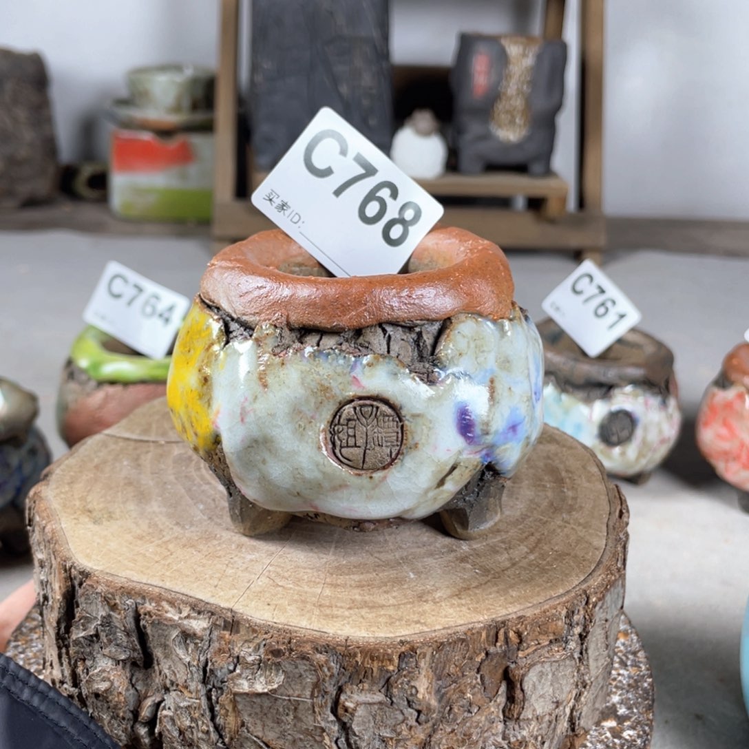 紫砂花盆孤品 不规则油画山石小地雷 内口4.5