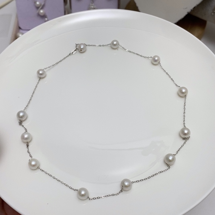 淡水珍珠银S925镶嵌白珍珠满天星项链6-7m