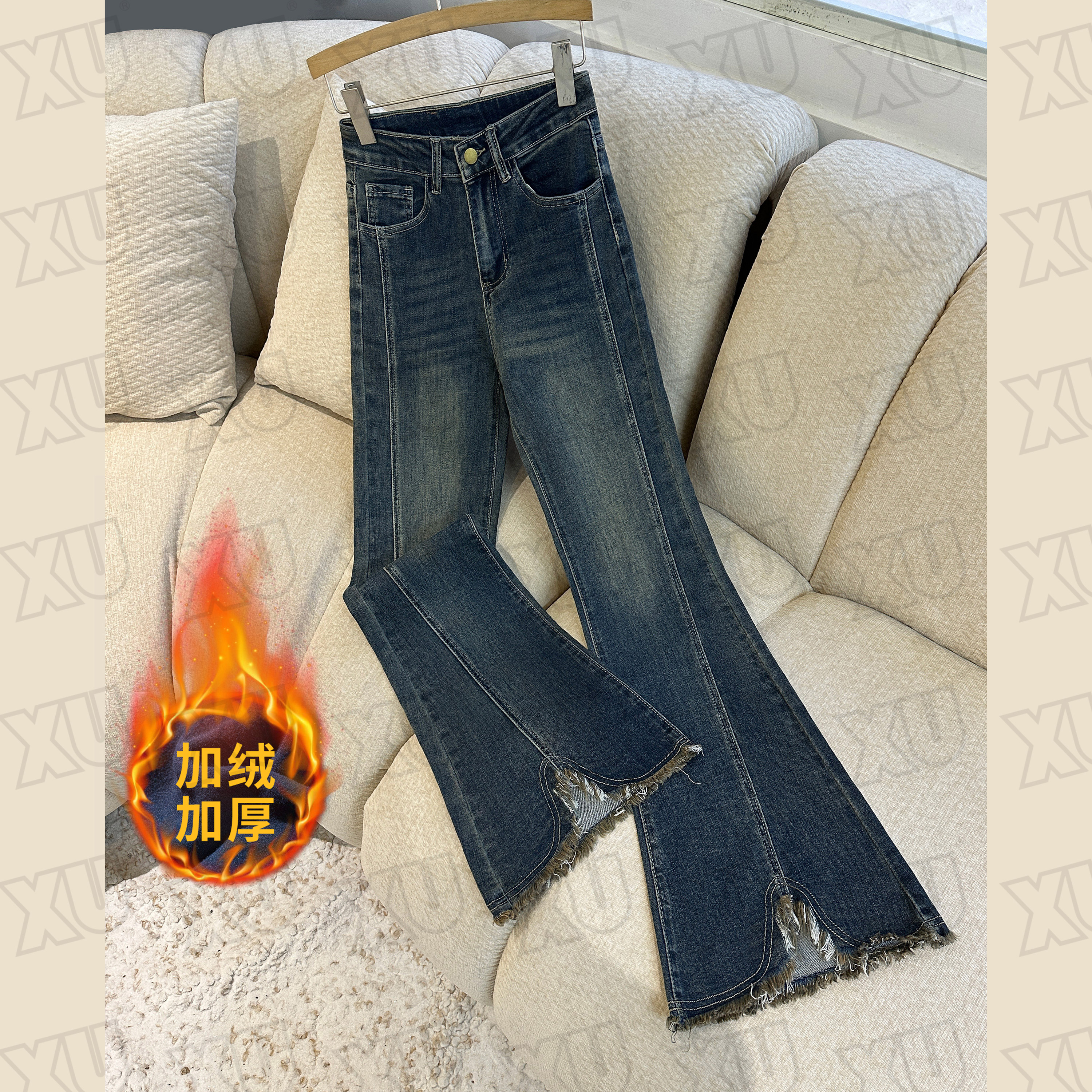 7666 GY美式复古加绒弹力微喇牛仔裤阔腿长裤女秋冬垂感高腰显瘦