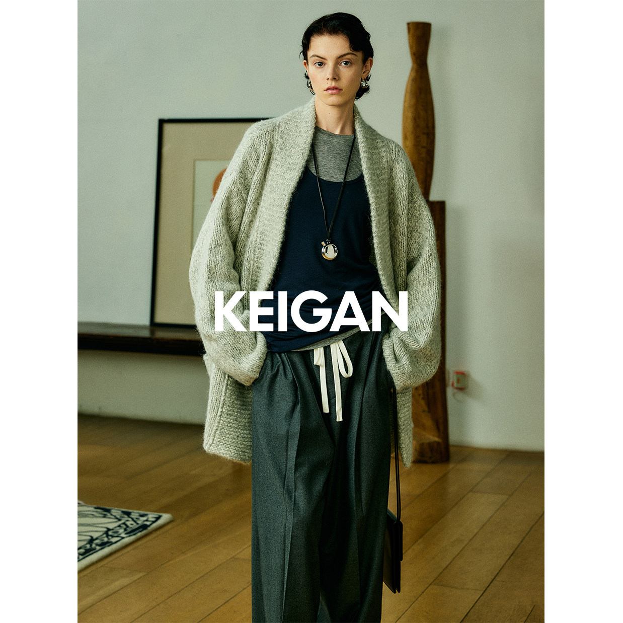 KEIGAN/开间黑标/意大利混色粗针毛蓬松慵懒ROW宽门襟针织开衫