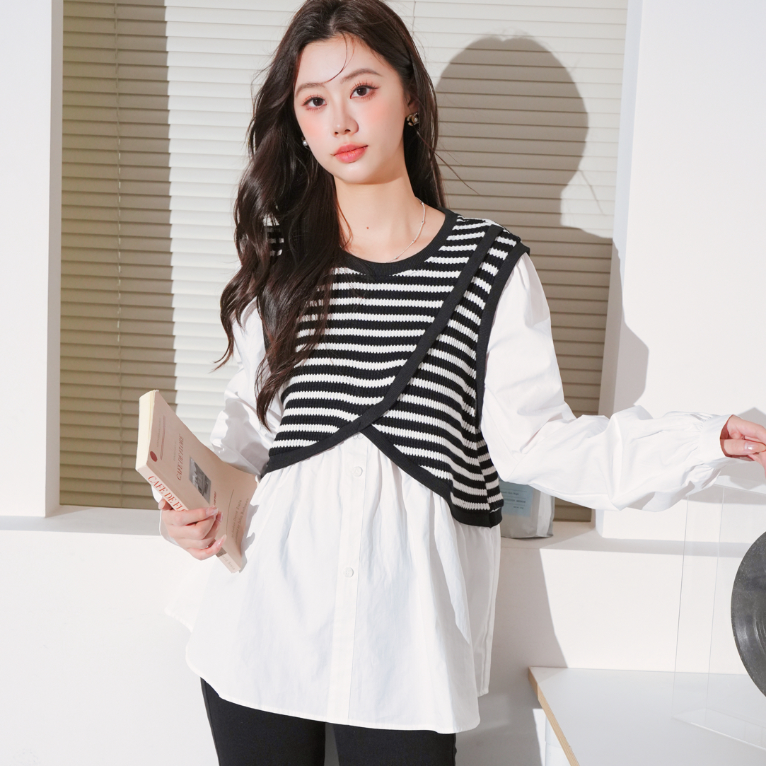 孕妇秋季条纹拼接宽松型长袖百搭洋气针织假两件显瘦衬衣上衣大码