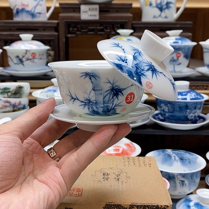 纯手绘咏主150cc悬停盖碗釉下彩微瑕福利款