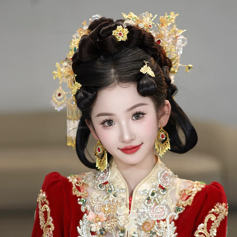 中式新娘头饰金色水凝胶花朵蝴蝶甜美秀禾龙凤褂发饰20250110