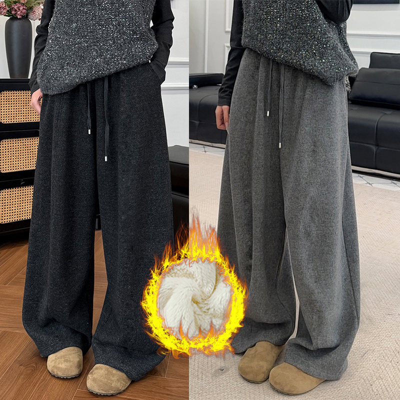 2025冬季新款加绒毛呢韩版阔腿裤灰色松紧腰抽绳弯刀长裤拖地裤女