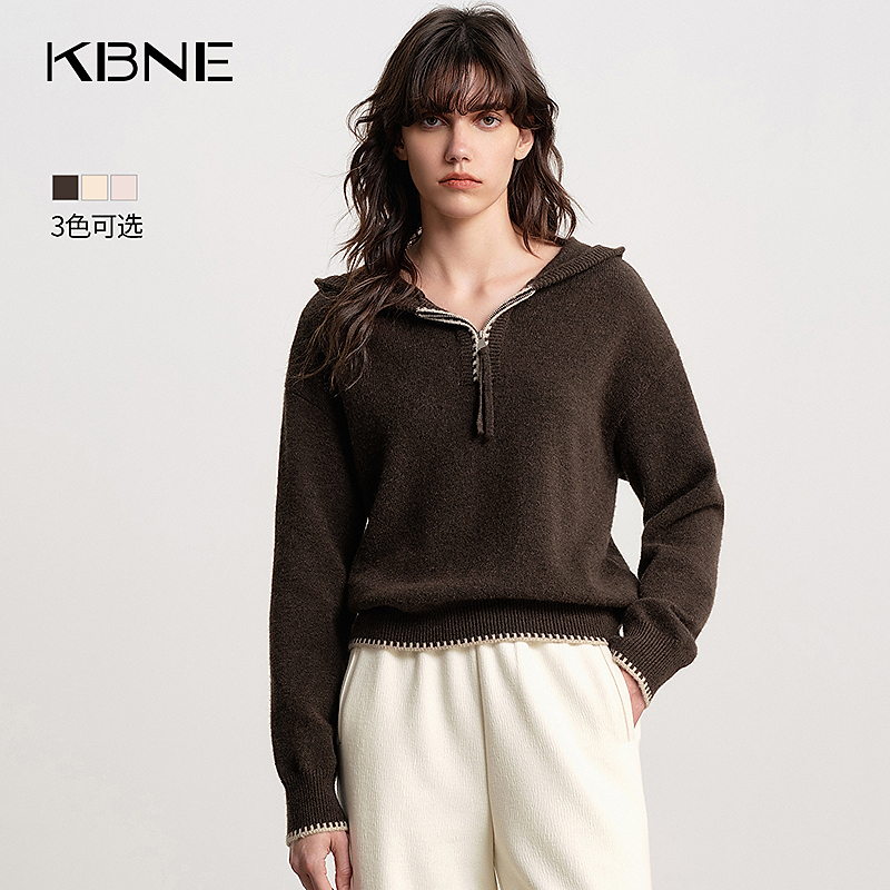 KBNE针织衫女款爆款2025新款秋冬复古撞色百搭连帽衫慵懒风上衣