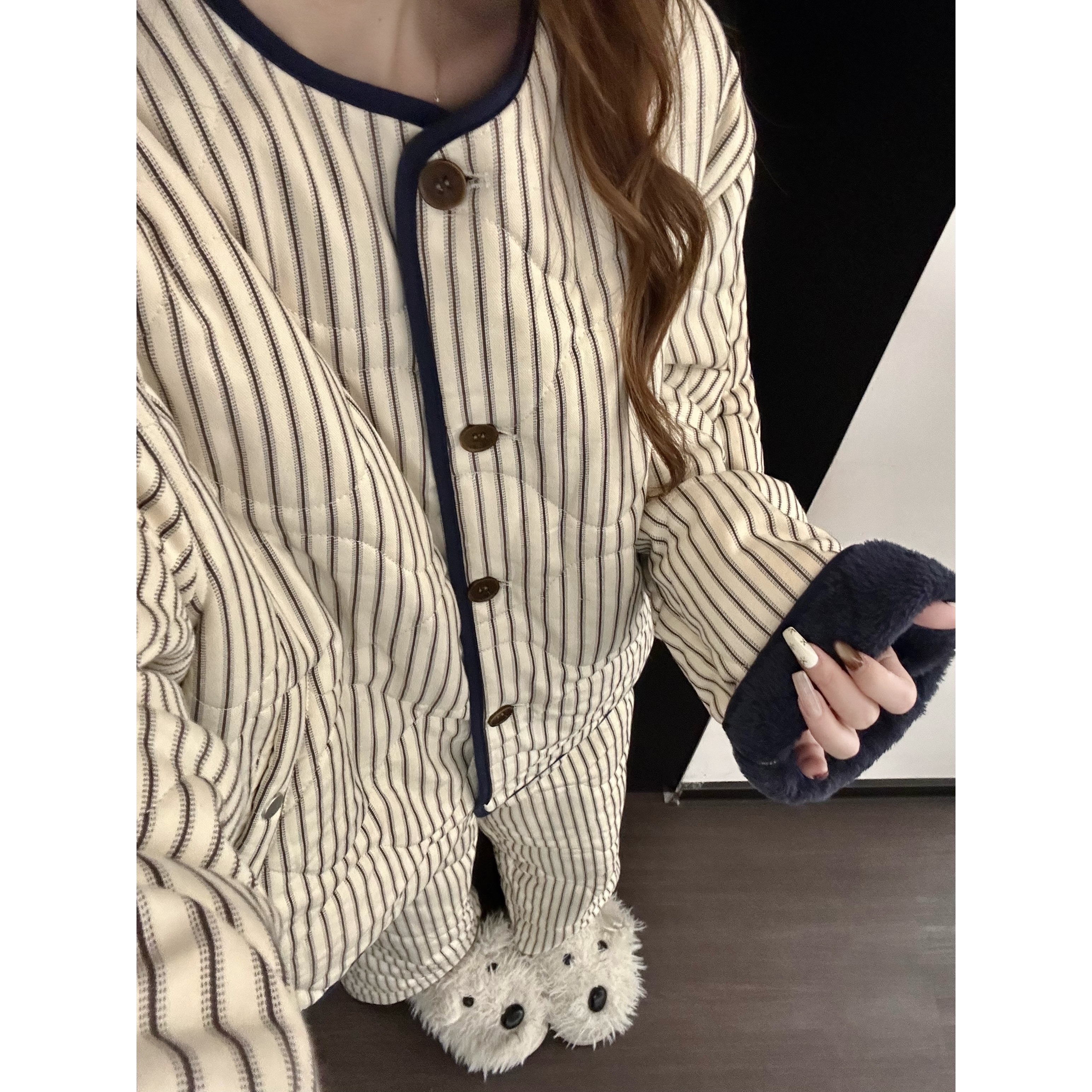 日系简约条纹夹棉睡衣女冬季开衫保暖加绒加厚可外穿家居棉服套装
