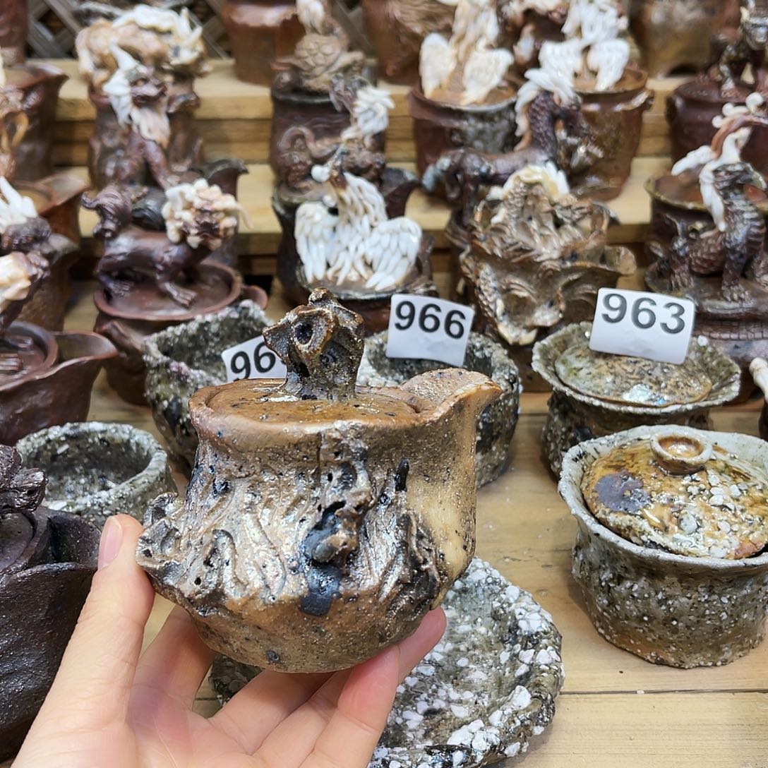 瓶柴烧粗陶手捏宝瓶摆件漏水