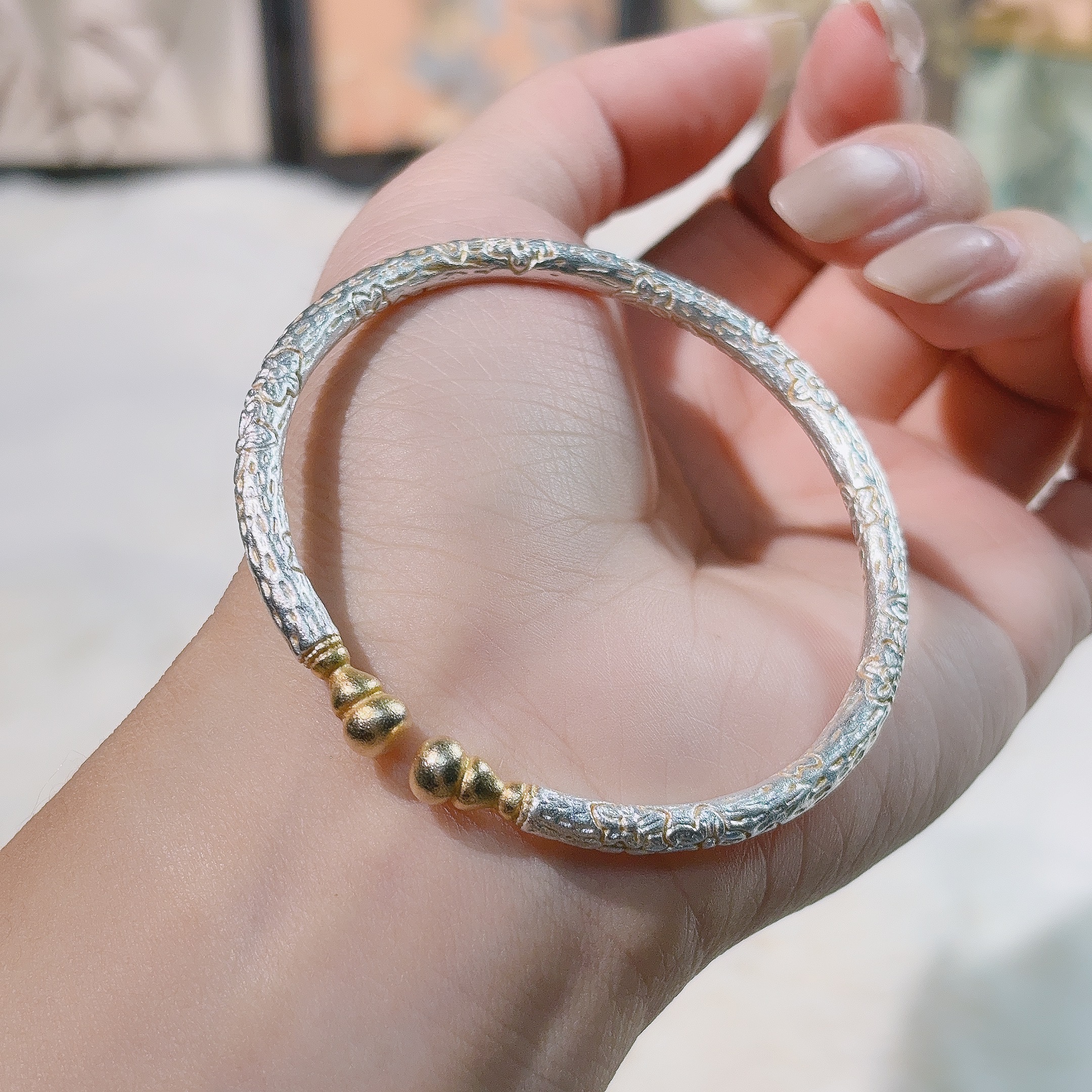 足银手镯 【银川银楼】56足银9999喜上福禄描金葫芦开口足银手镯