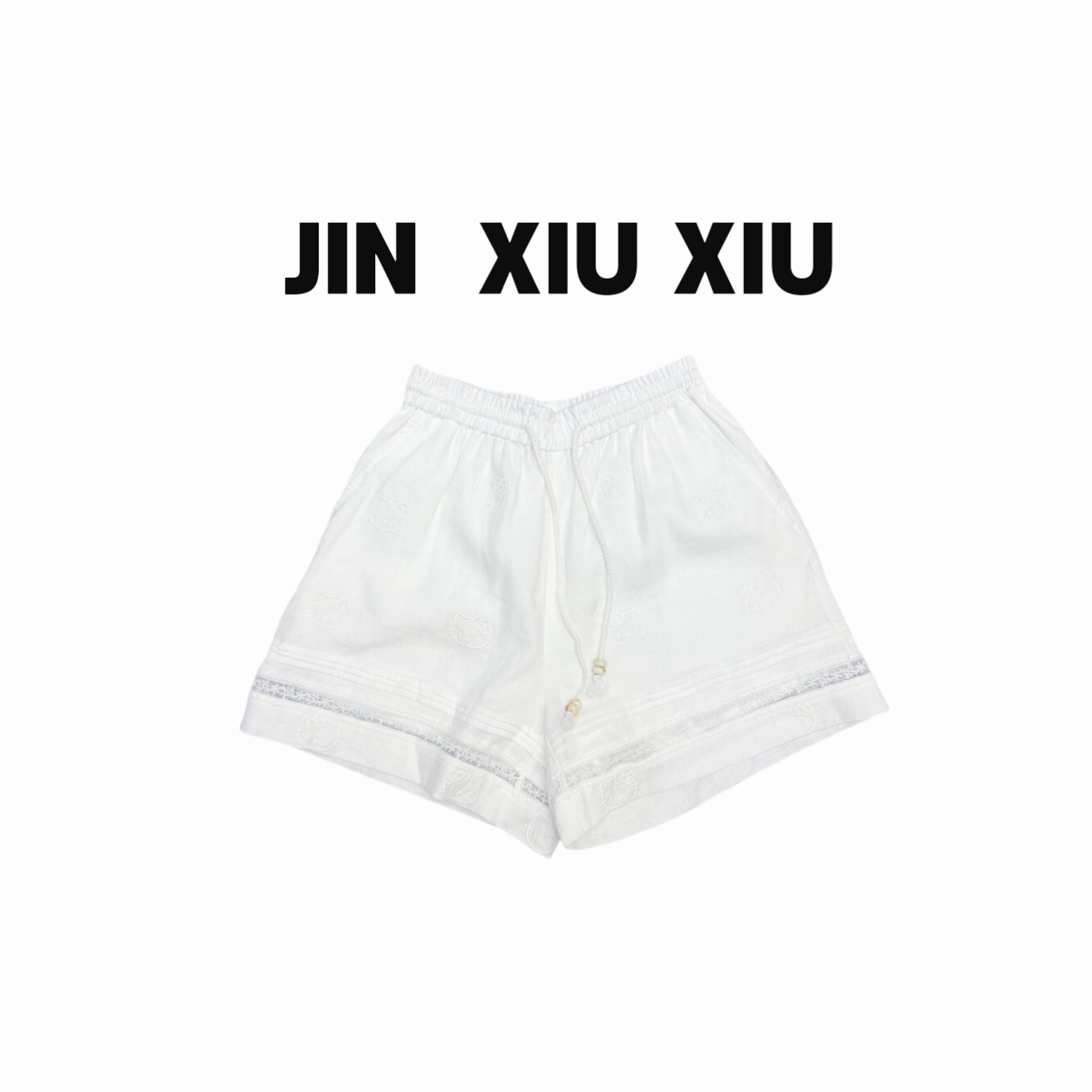 JINXIUXIU夏季新款松紧腰抽绳刺绣镂空kitty 猫韩系甜美短裤465