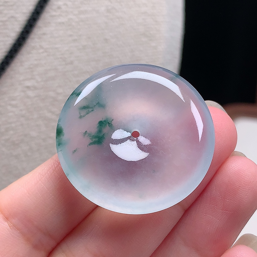 缅甸天然翡翠A货玉石高冰飘蓝花平安扣吊坠吊坠冰透31.8*6.0mm